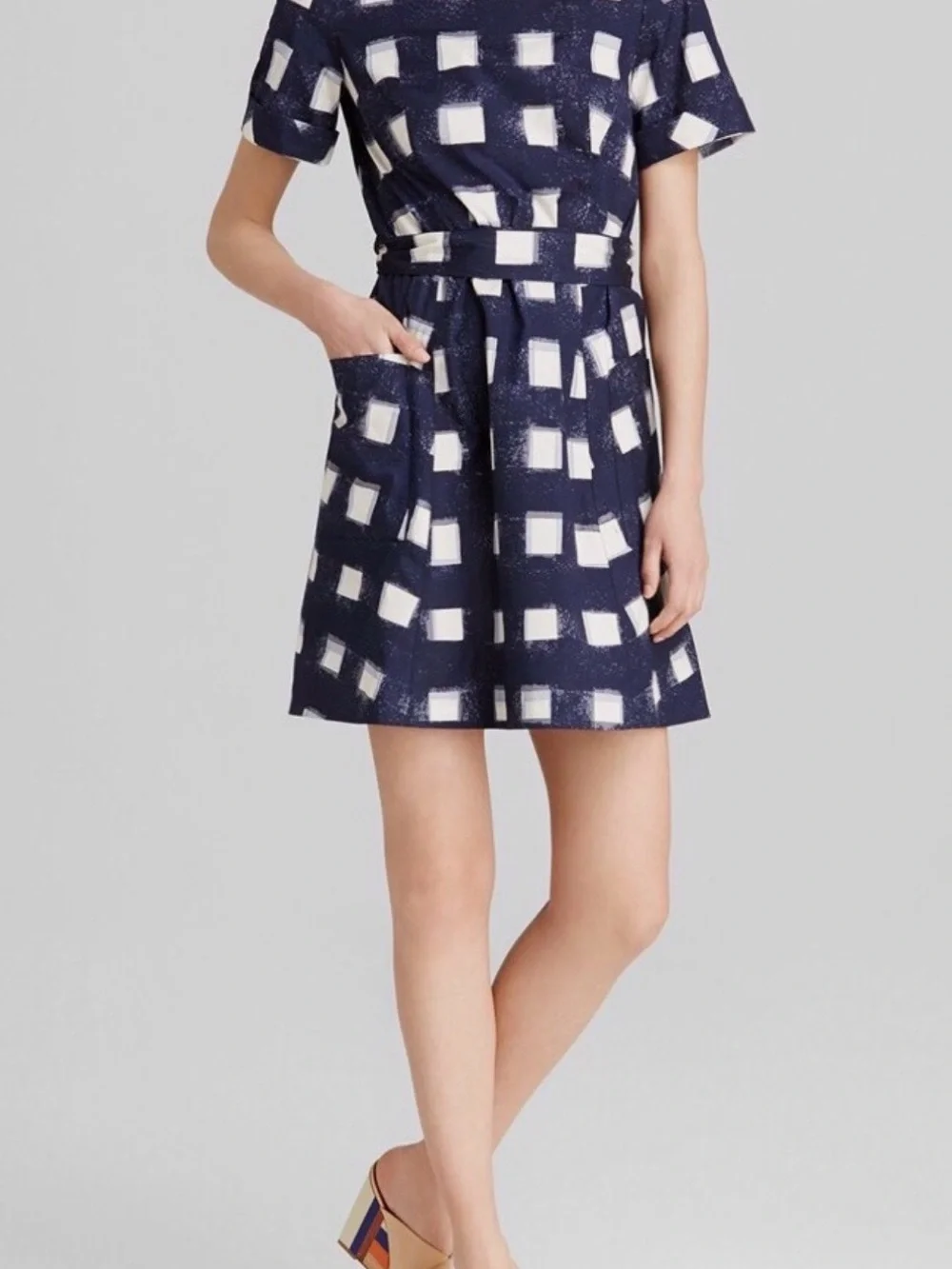 Tory Burch Navy and White Square-Print Short Sleeve Belted Dress Size 12